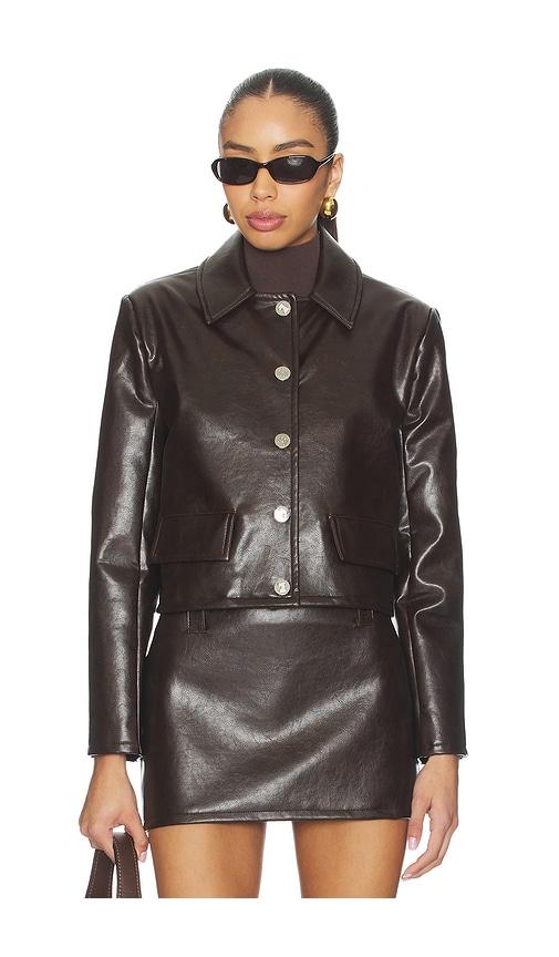 milkwhite cropped faux leather jacket in brown.