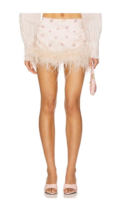 milkwhite mini skirt with feathers in pink.