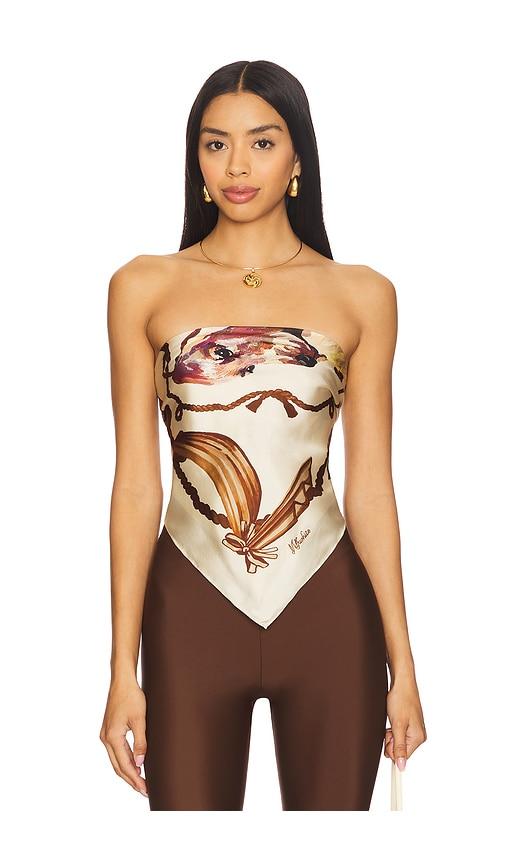 milkwhite silk printed scarf top in beige.
