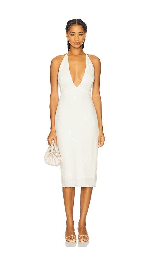 milkwhite x revolve midi dress with v neckline in white.