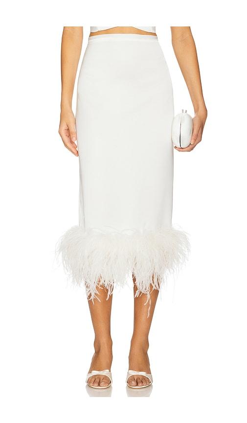 milkwhite x revolve midi skirt with feathers in white.