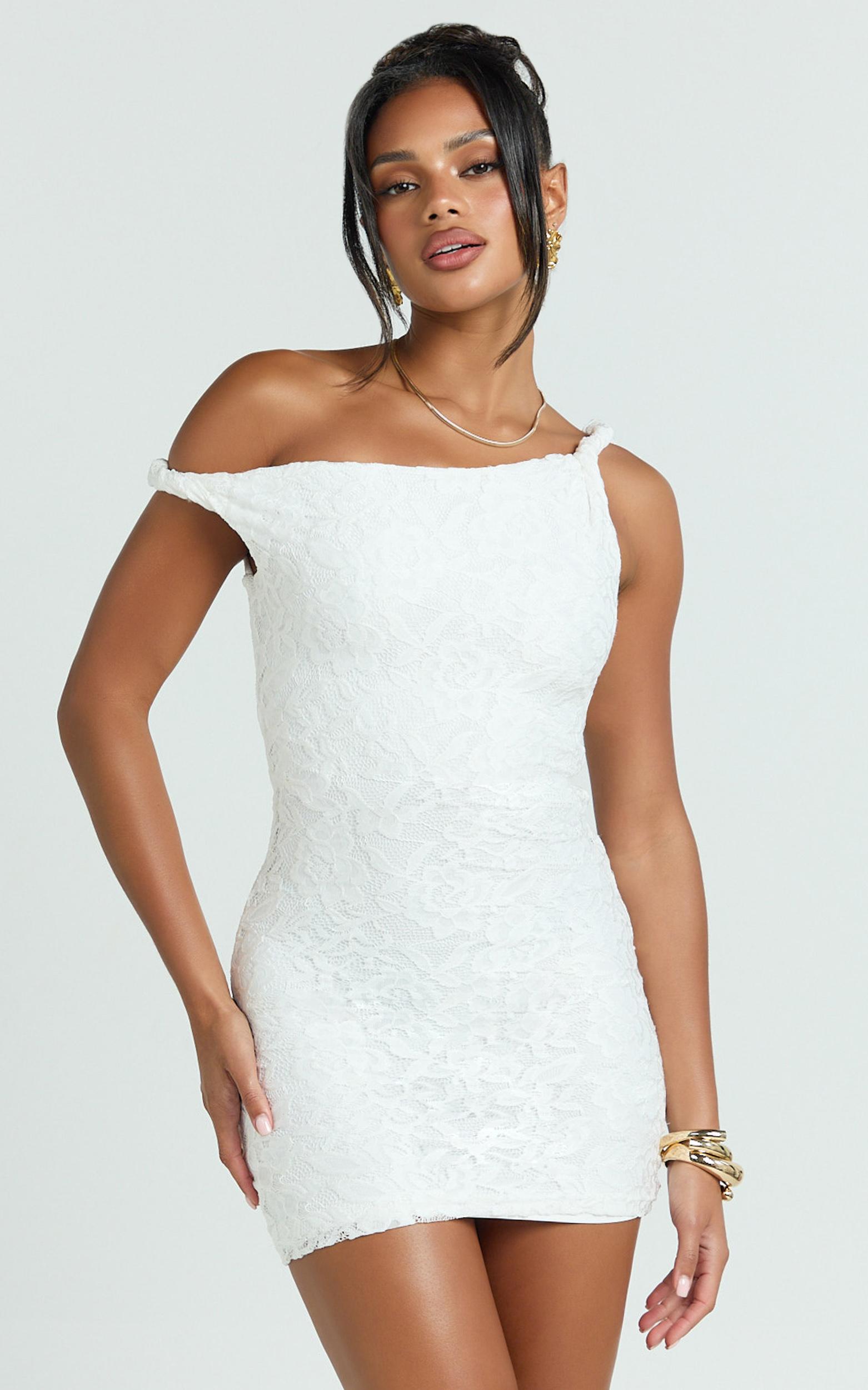 miller mini dress - lace twist off shoulder bodycon dress in white