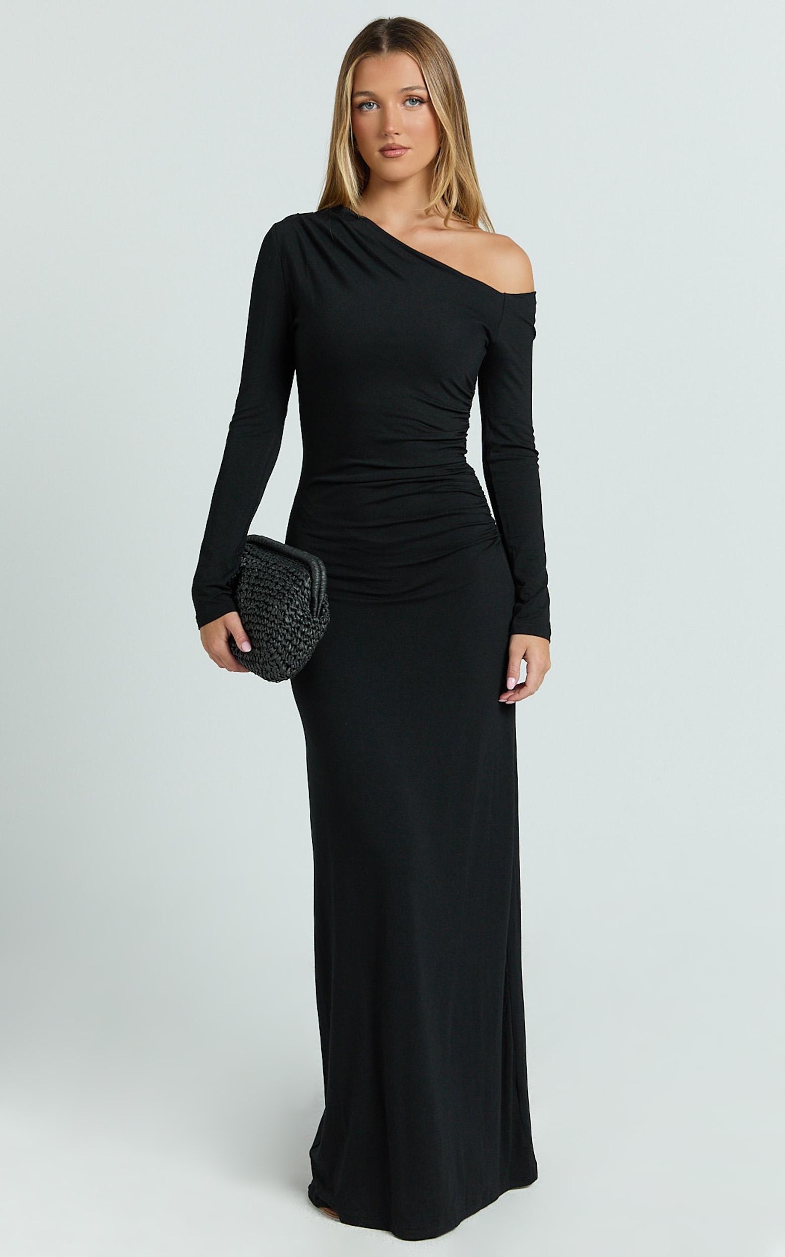 milly maxi dress - asymmetrical off shoulder long sleeve side ruching maxi dress in black
