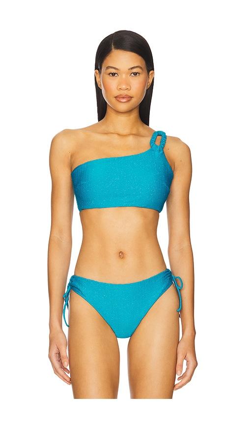 milly metallic lux one shoulder chain top in blue.