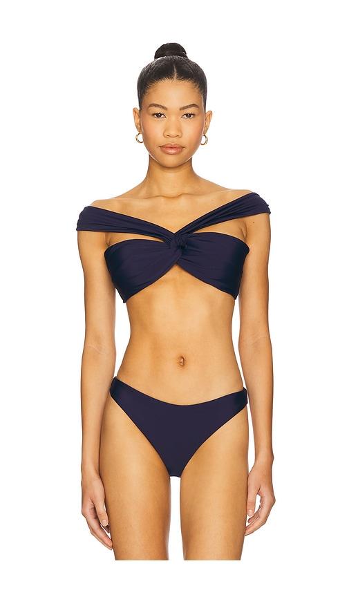 milly olivia draped bandeau bikini top in navy.