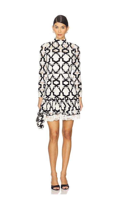 milly willa velvet flock lace mock neck dress in black & white.