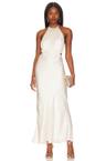 milo ruched open back halter maxi dress