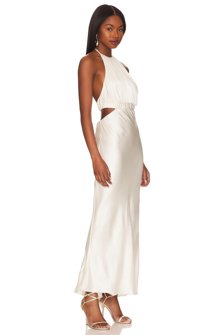 milo ruched open back halter maxi dress