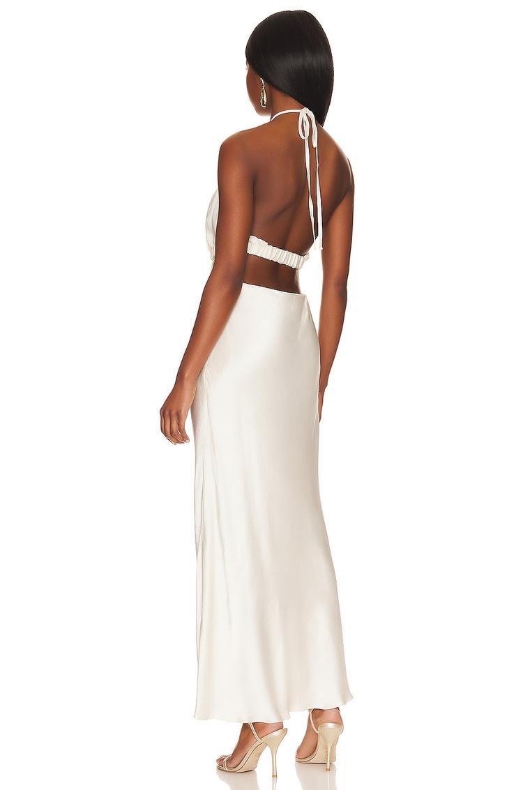 milo ruched open back halter maxi dress