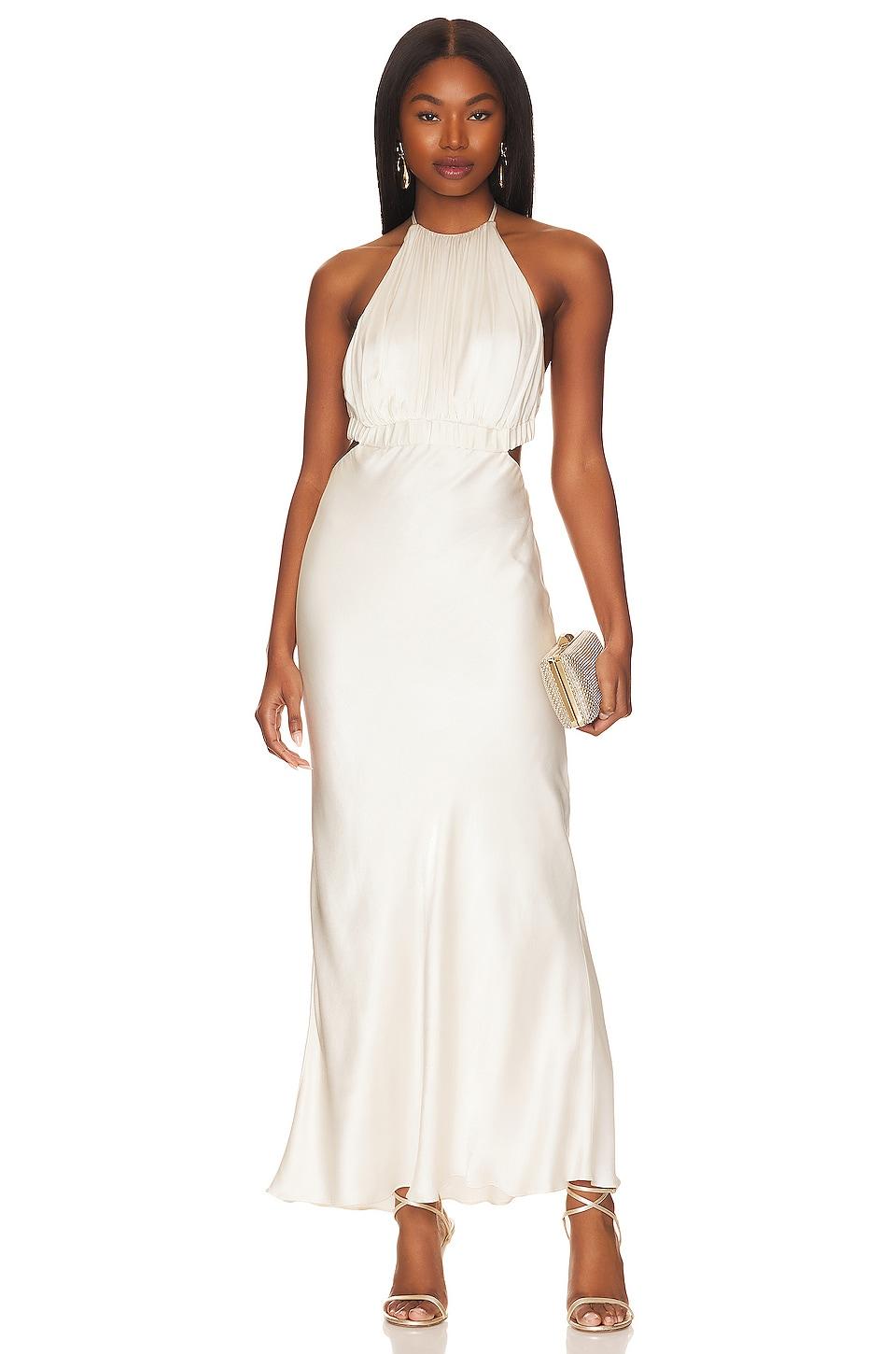 milo ruched open back halter maxi dress
