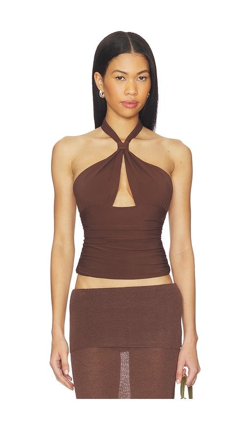 mimchik piper knotted halter top in chocolate.
