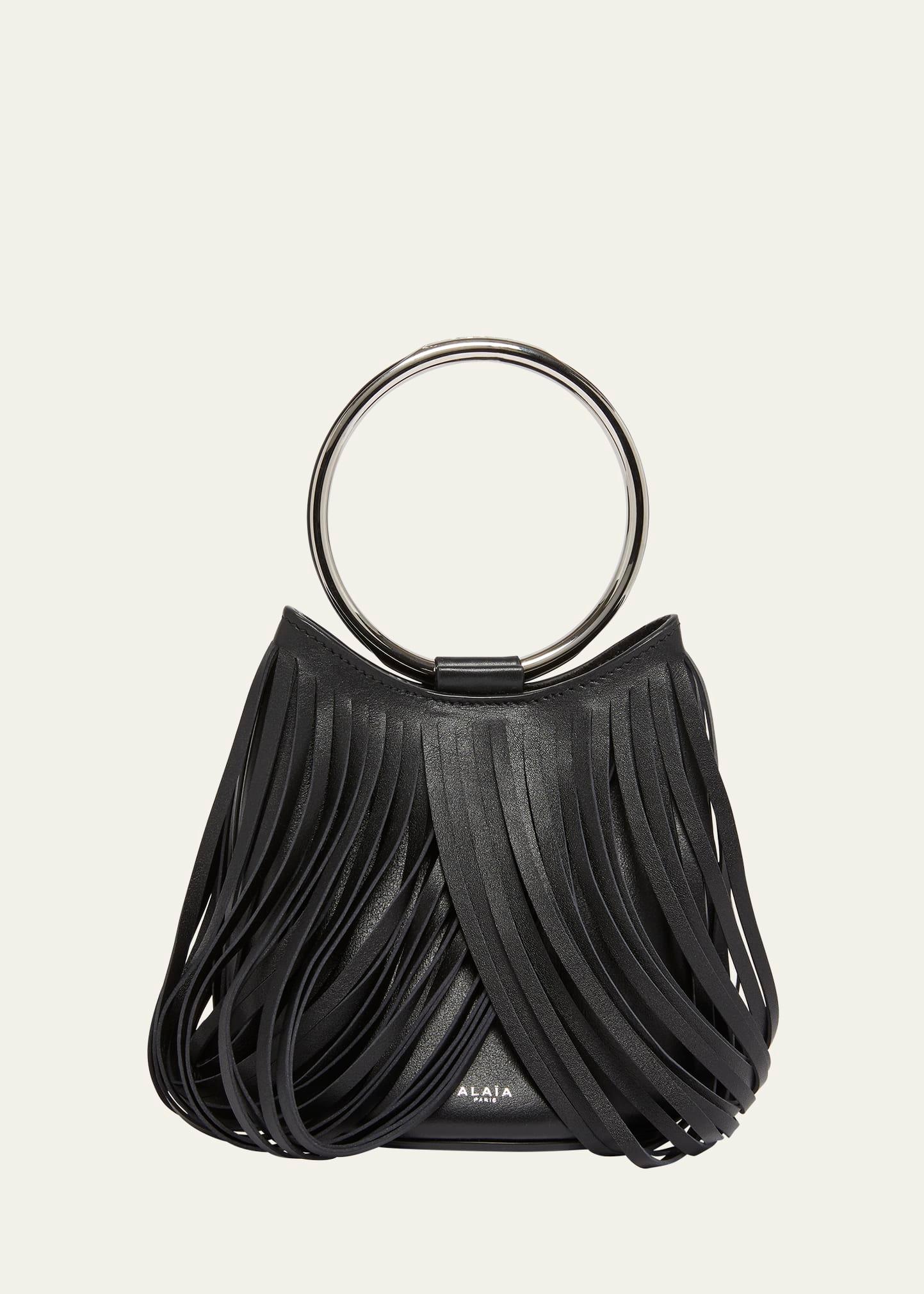 mini ring fringe bucket bag in leather