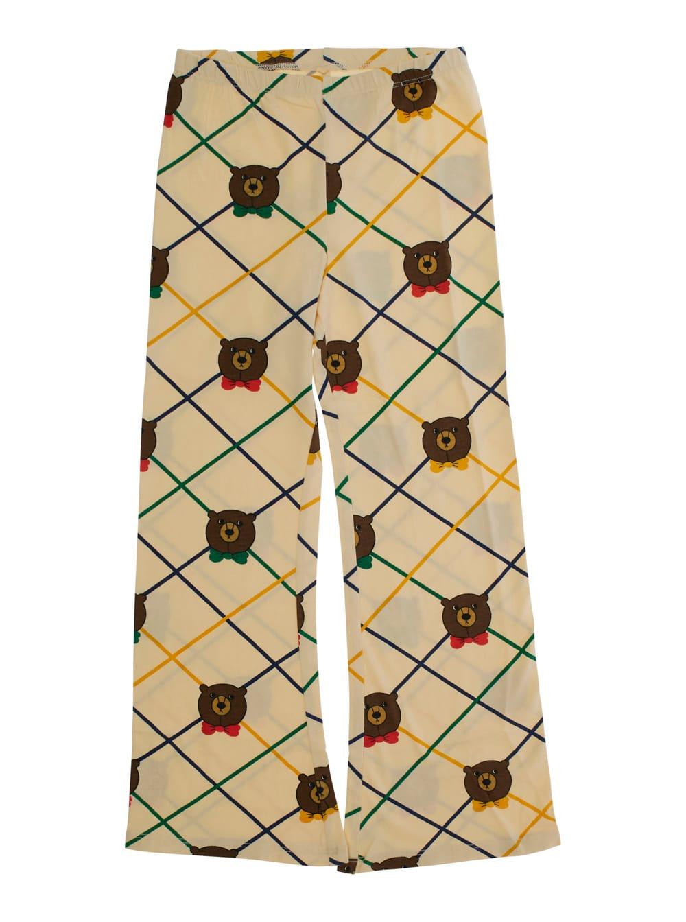 mini rodini beige flared pants with all-over check motif and bear print in cotton stretch girl