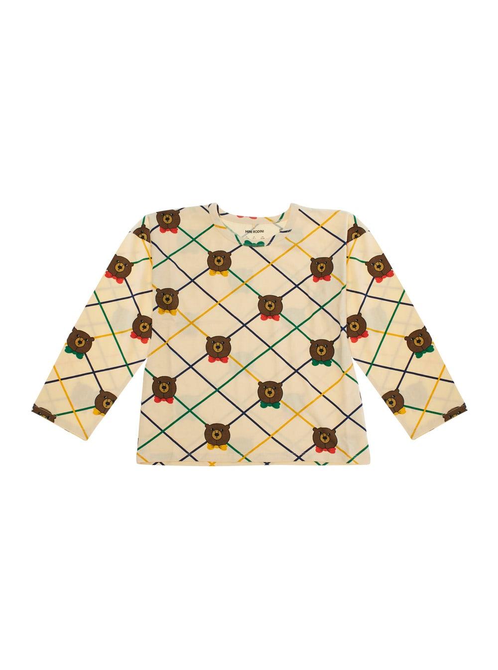 mini rodini beige long-sleeve t-shirt with all-over check motif and bear print in cotton girl
