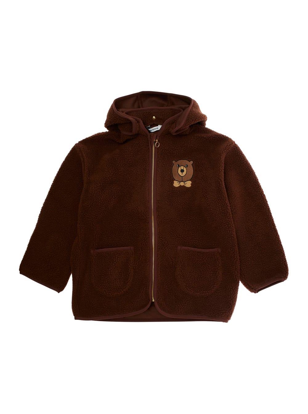 mini rodini brown high neck sweatshirt with logo patch on the front in faux fur girl