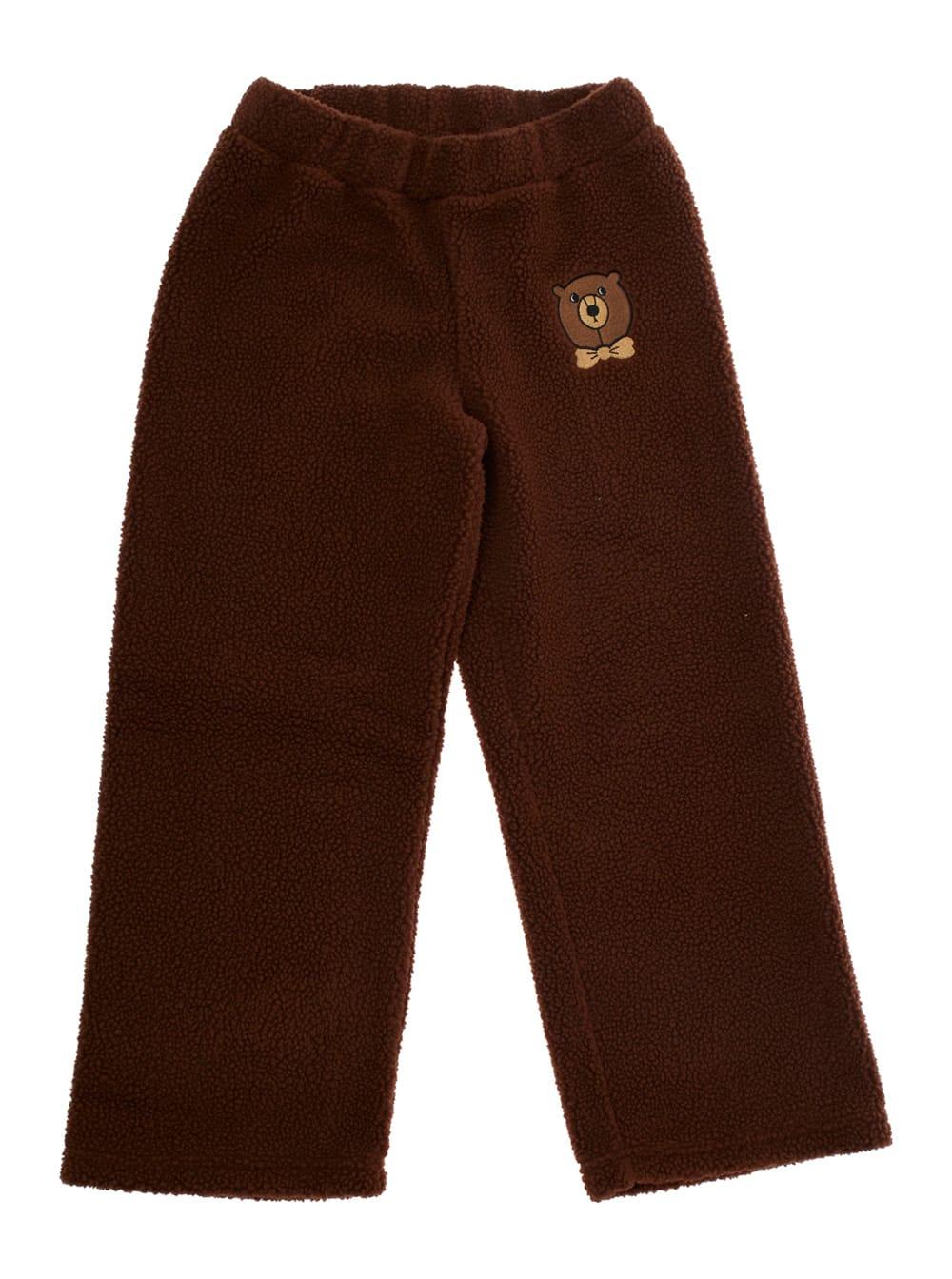 mini rodini brown trousers with elastic waist and front logo patch in faux fur girl