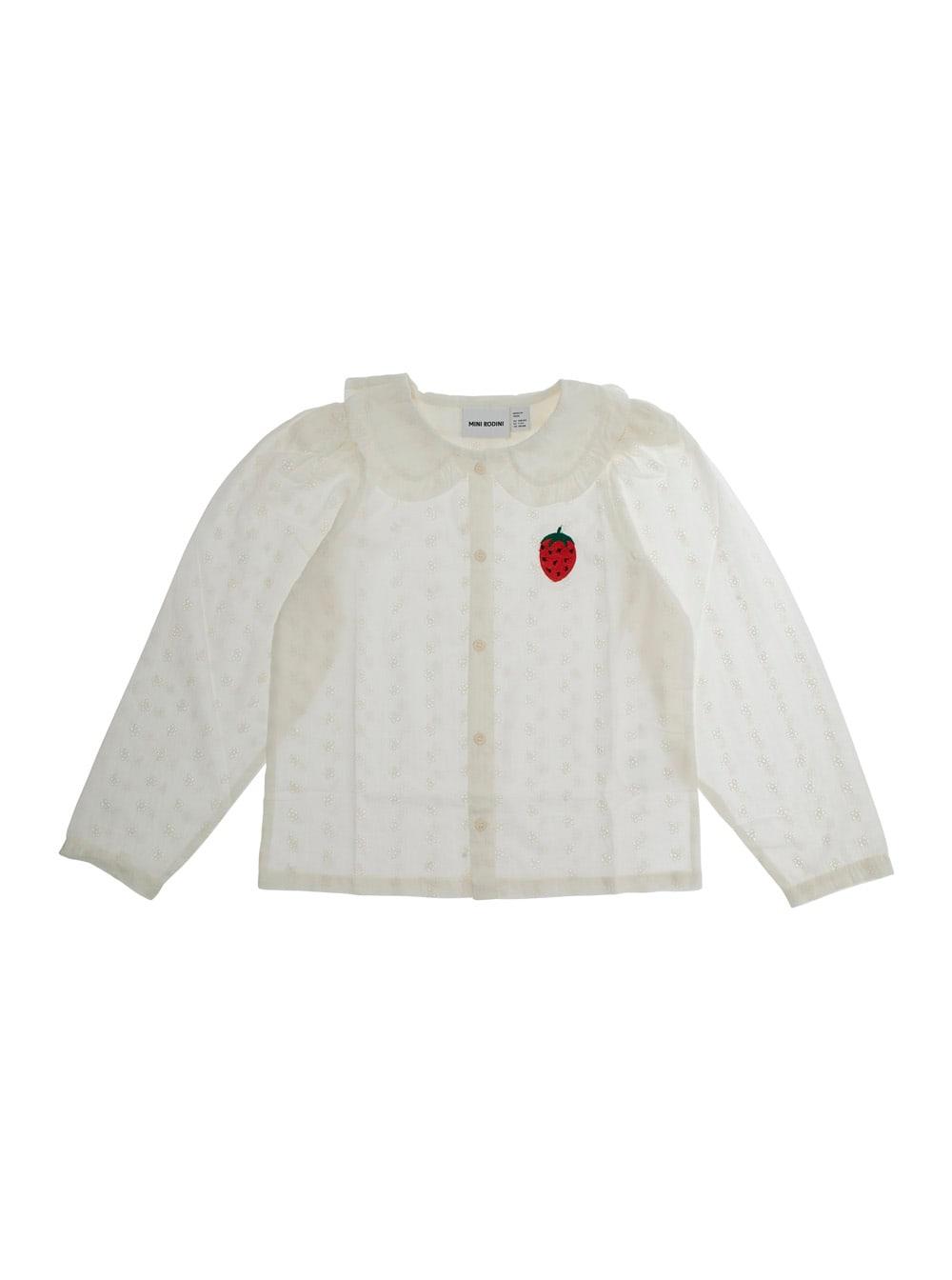 mini rodini white shirt with peter pan collar and strawberry embroidery in cotton girl