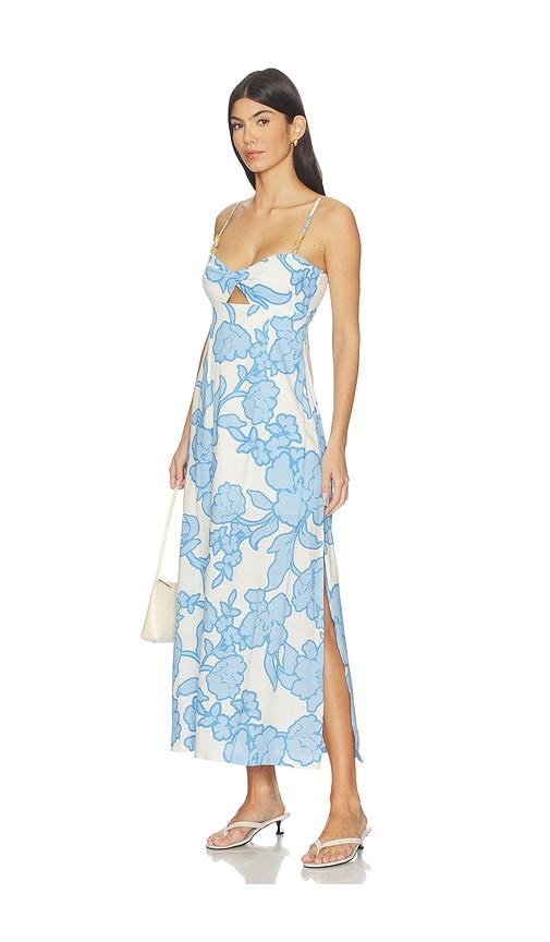 minkpink alessia twist front midi dress in blue,white.
