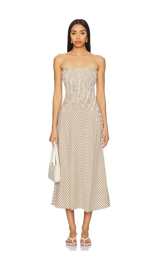 minkpink artemis shirred midi dress in tan.