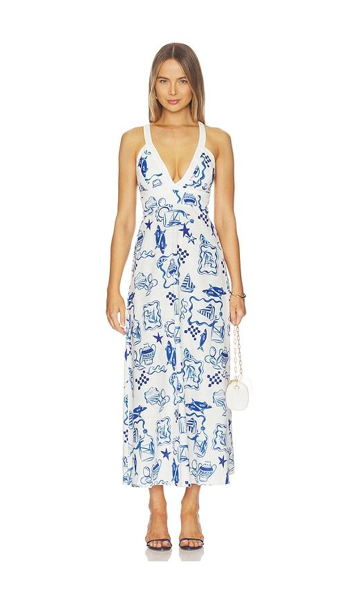 minkpink baci cross back midi dress in white, blue.