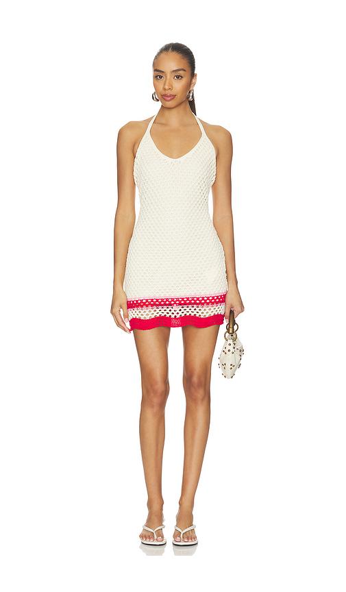 minkpink elva crochet halter mini dress in cream.