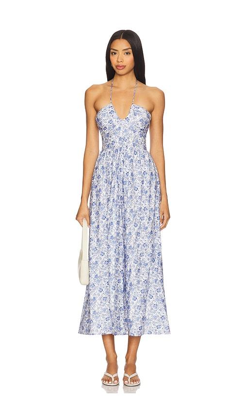 minkpink evelyn halter midi dress in blue.