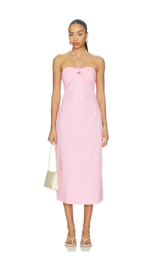 minkpink gaia halter midi dress in fuchsia.