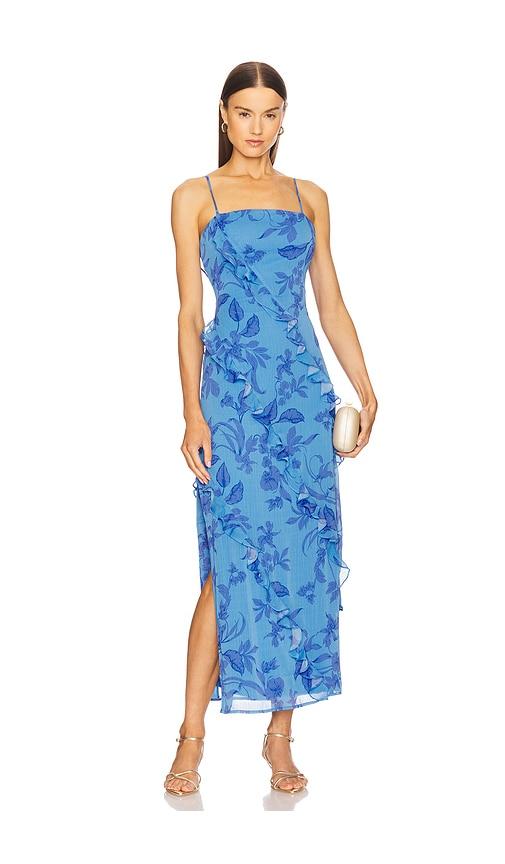 minkpink jeanne ruffle maxi dress in blue.