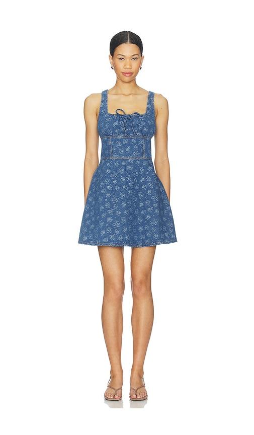 minkpink neve denim mini dress in blue.