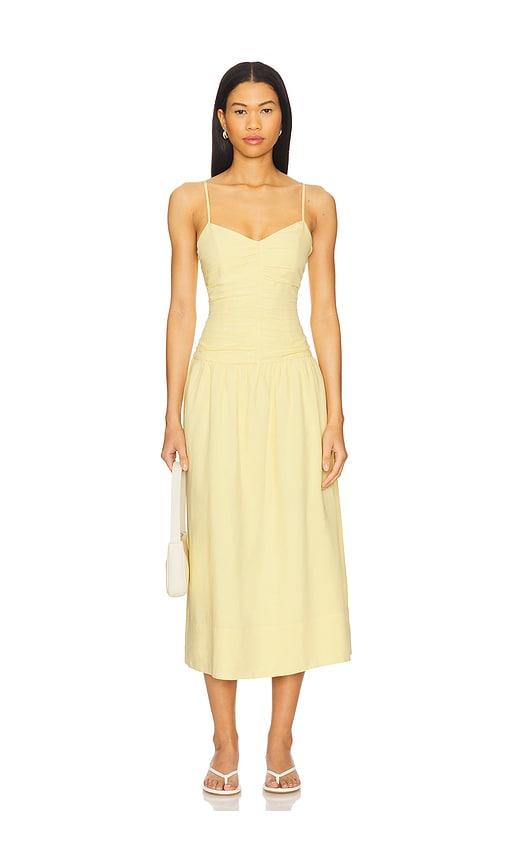 minkpink ophelia ruched midi dress in yellow.