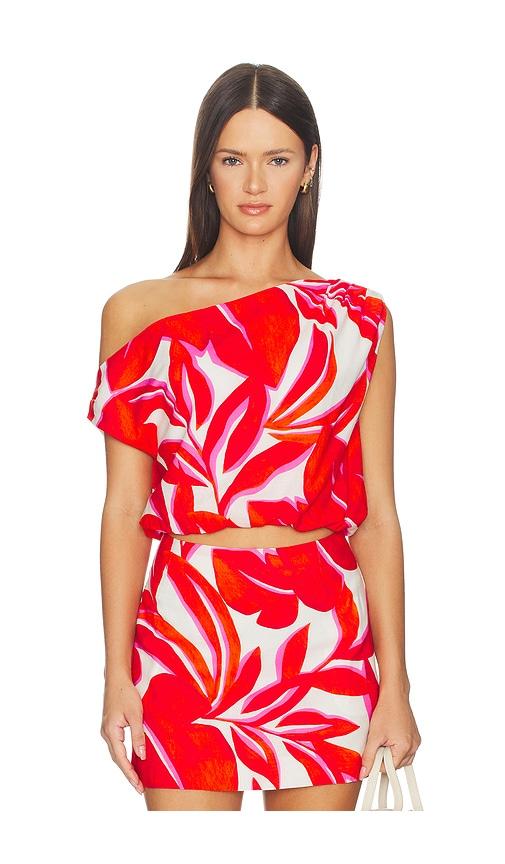minkpink ravelo asym bubble top in red,white.