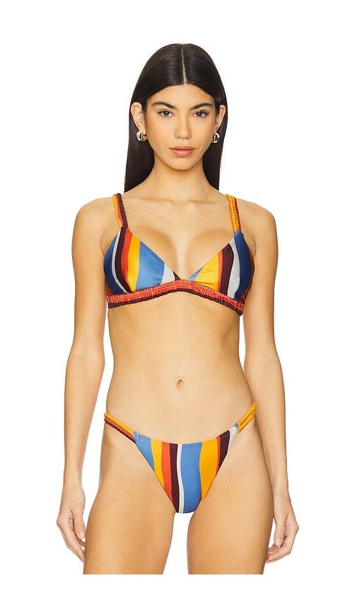 minkpink ripple ruched bikini top in orange,blue.