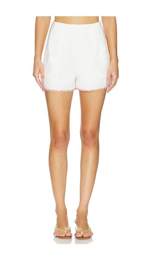 minkpink santorini embroidered shorts in white.
