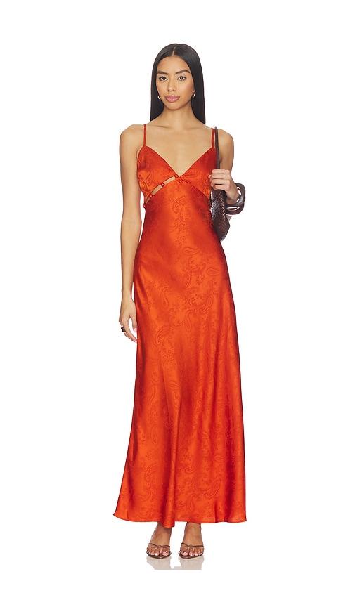 minkpink valencia bead detail dress in burnt orange.