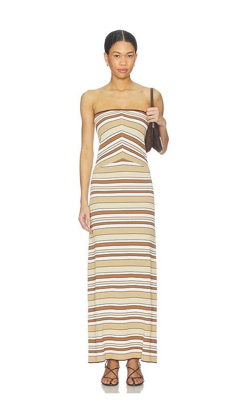 minkpink vela strapless knit midi dress in beige.