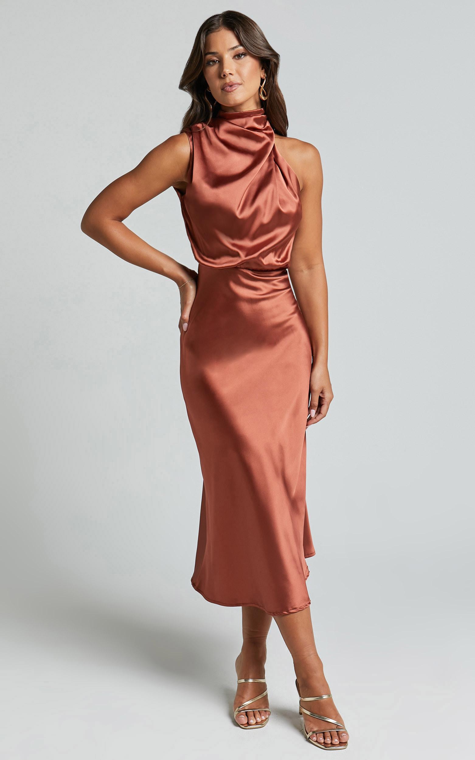 minnie midi dress - drape neck satin slip dress in copper
