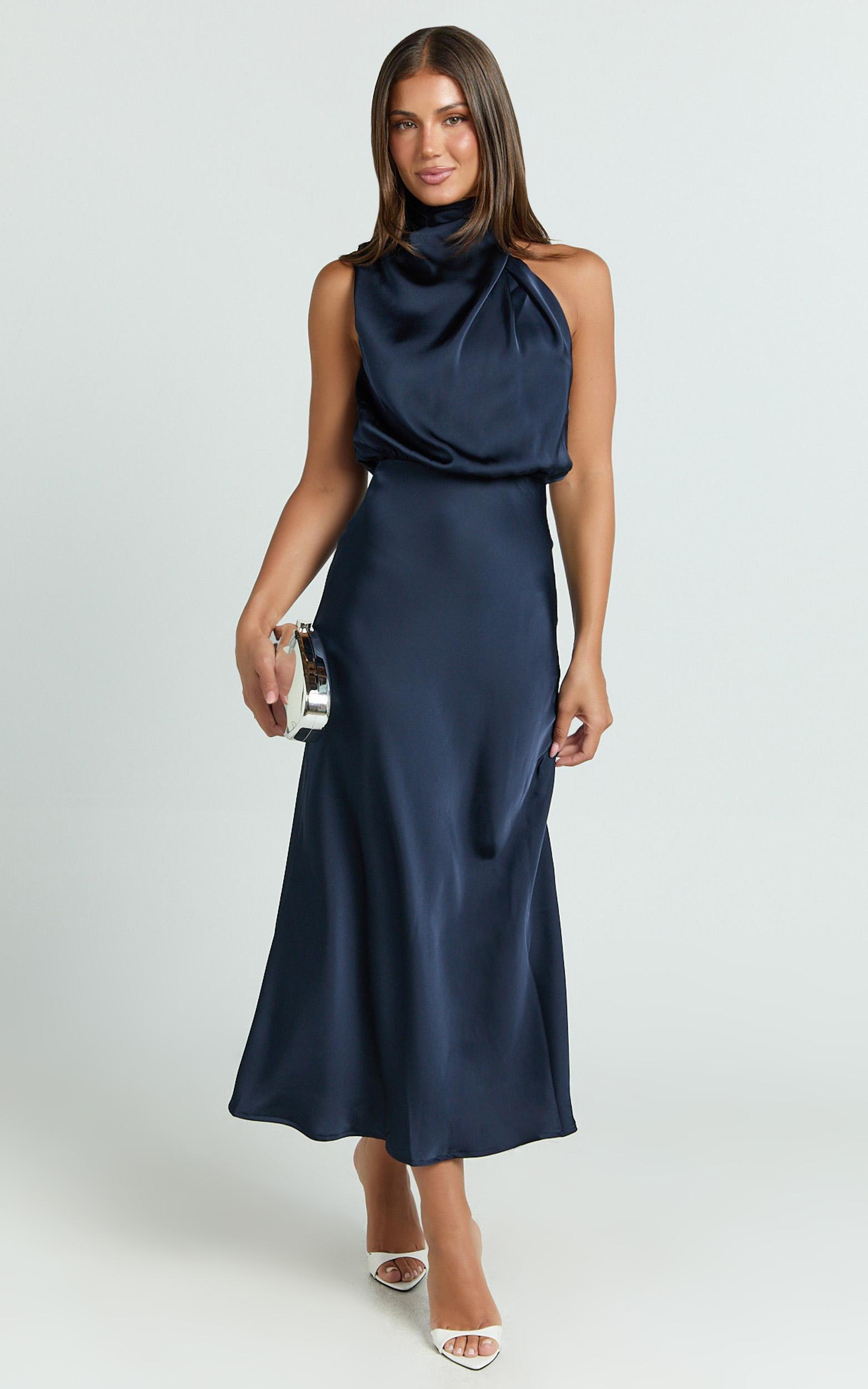 minnie midi dress - drape neck satin slip dress in midnight blue