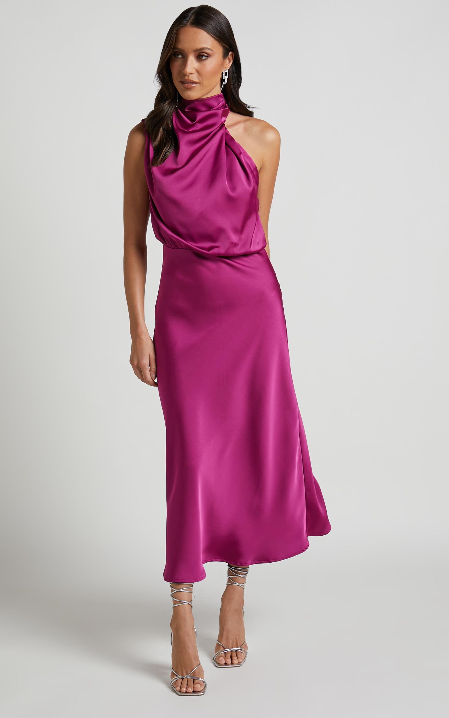 minnie midi dress - drape neck satin slip dress in purple