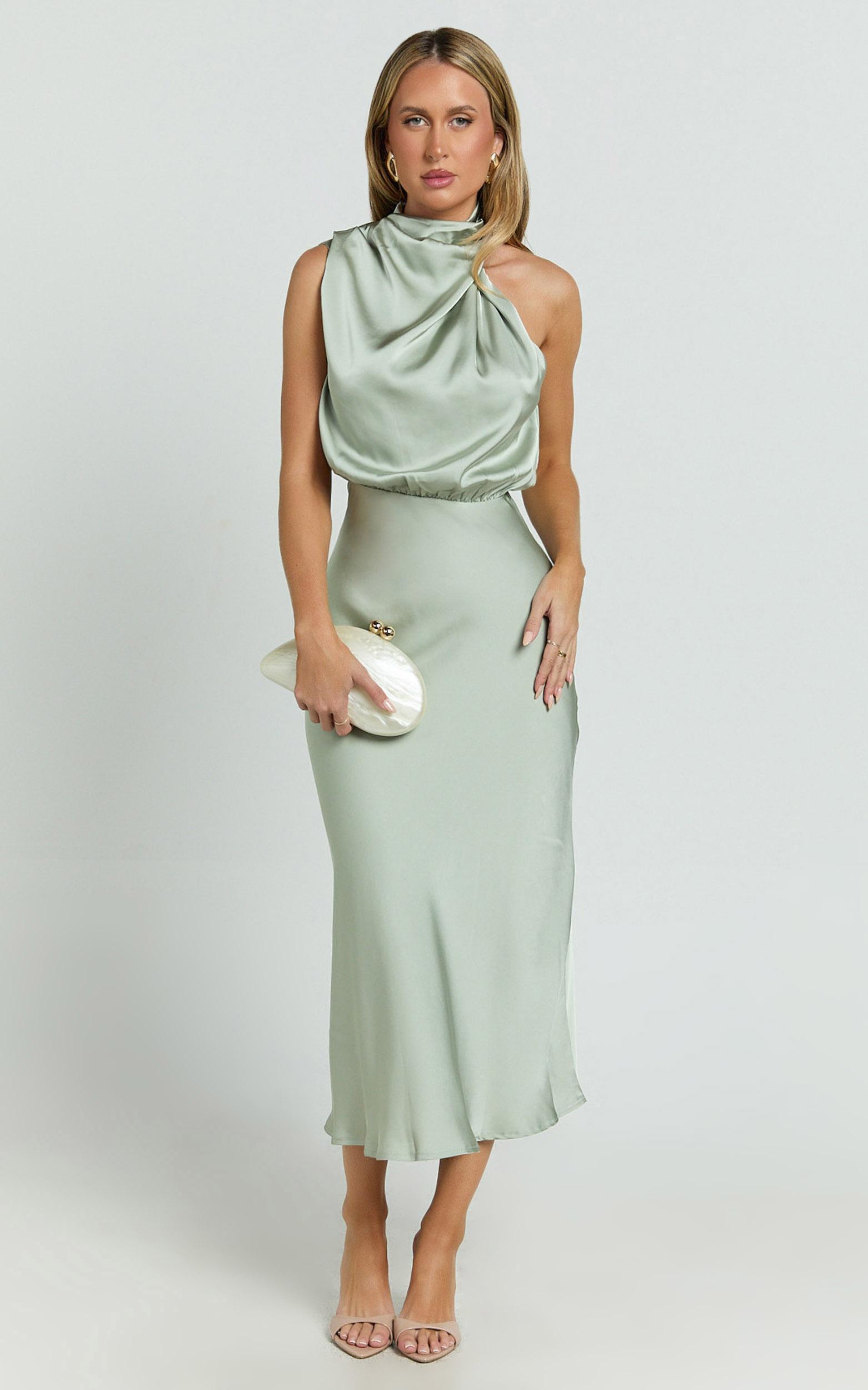 minnie midi dress - drape neck satin slip dress in sage