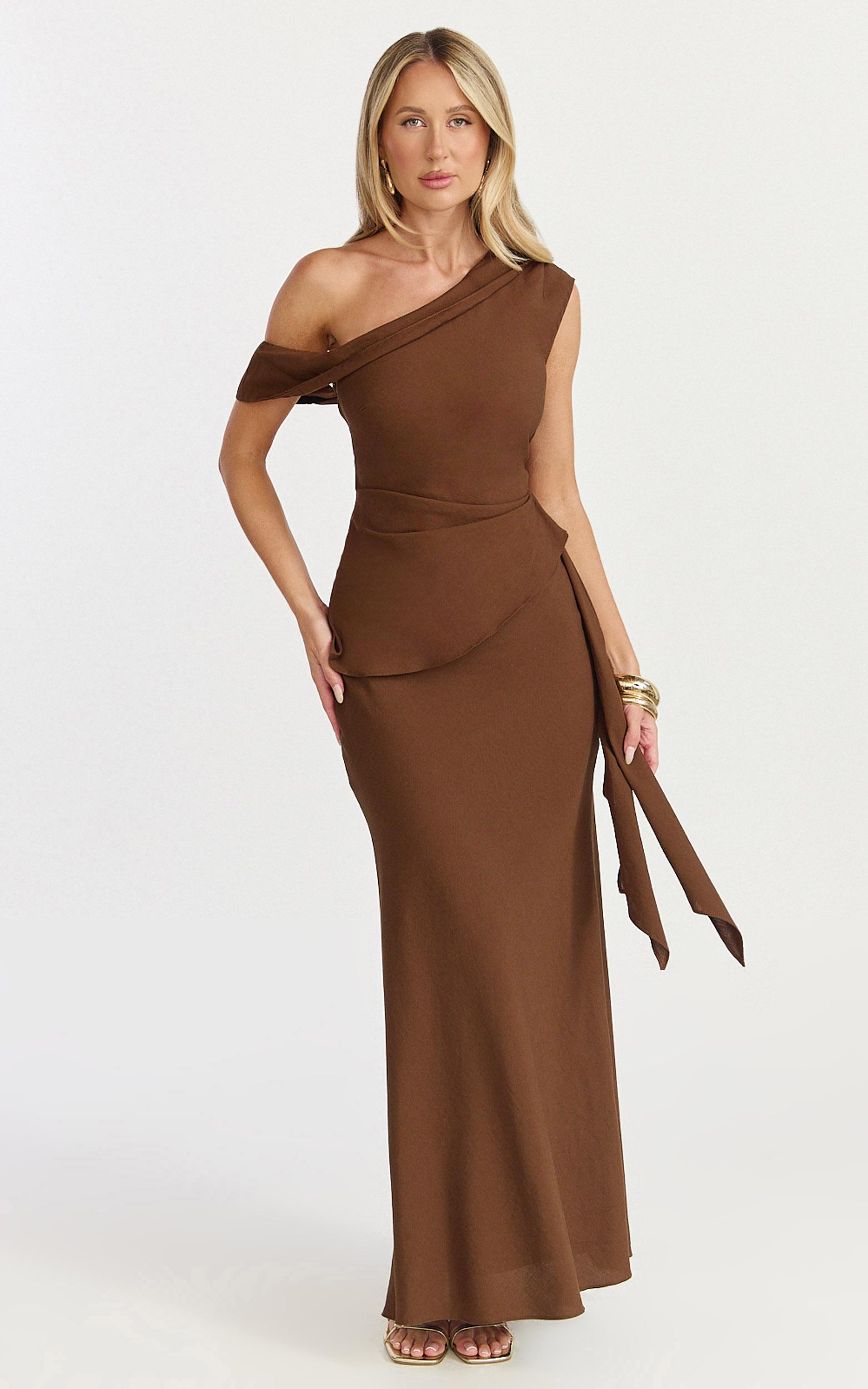 minnie two piece top and skirt set - drape off shoulder top and maxi skirt in chocolate