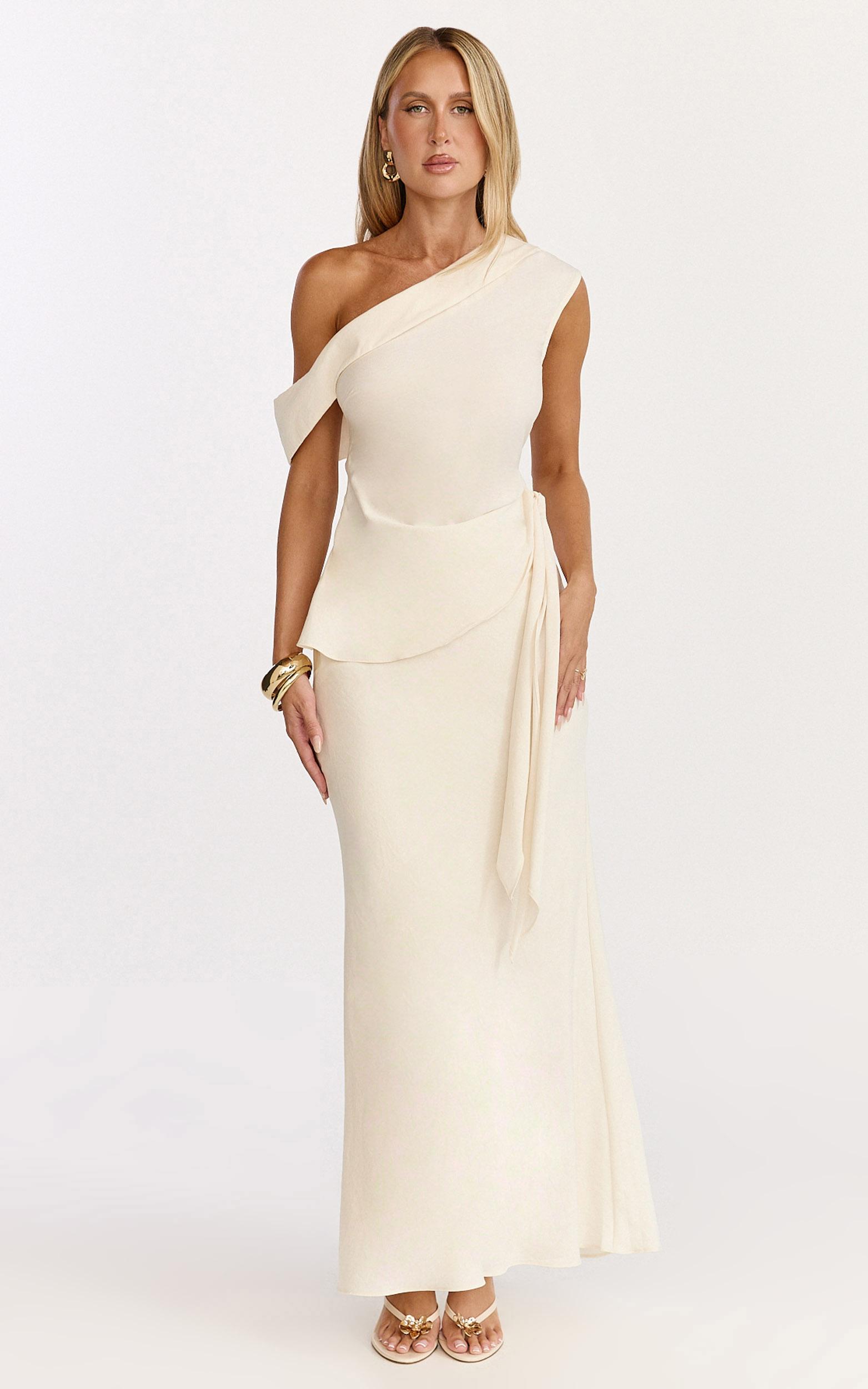 minnie two piece top and skirt set - drape off shoulder top and maxi skirt in cream