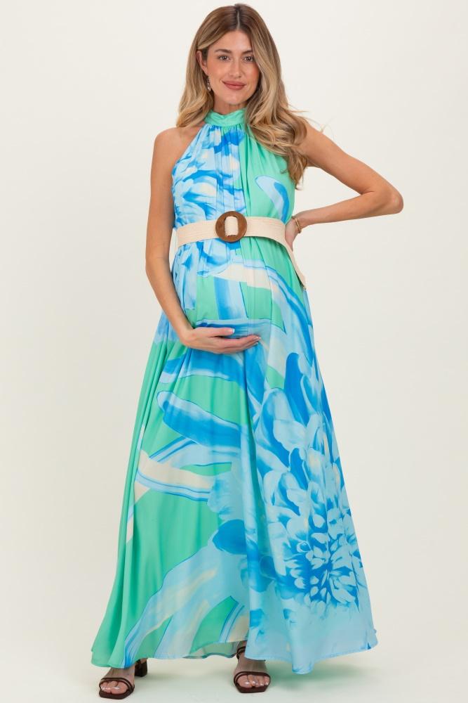 mint floral chiffon halter maternity maxi dress
