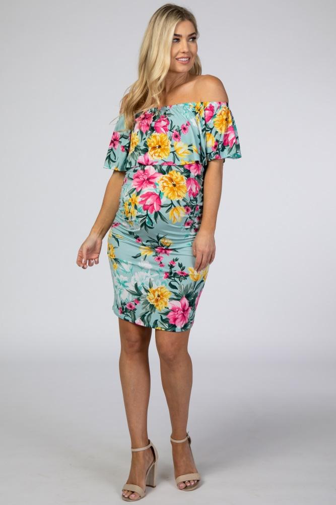 mint floral off shoulder fitted maternity dress