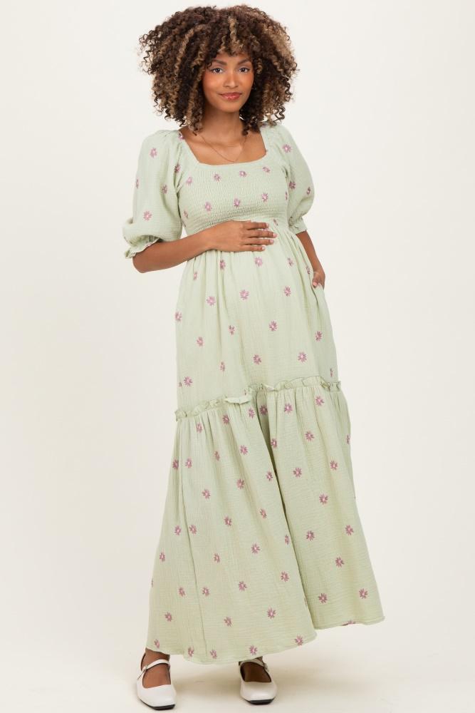 mint floral smocked puff sleeve maternity maxi dress