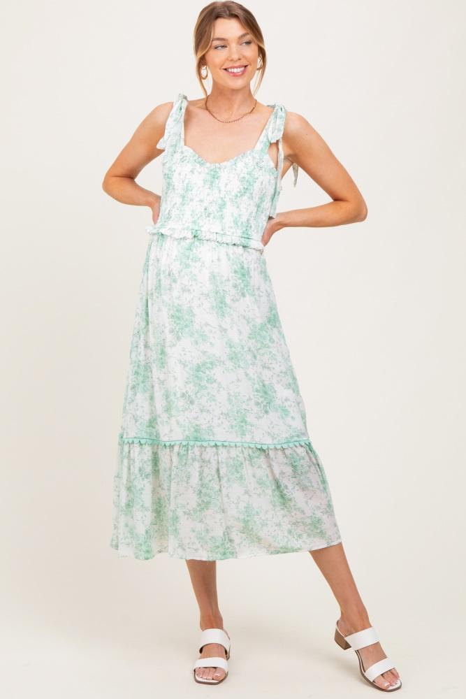 mint floral smocked shoulder tie maternity midi dress