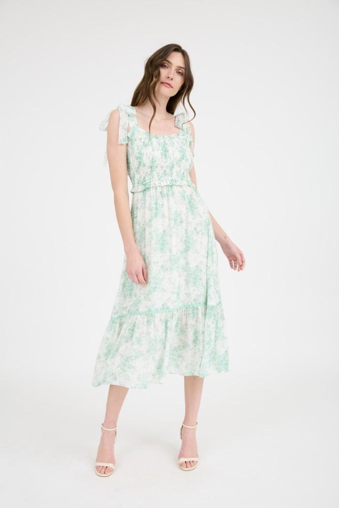 mint floral smocked shoulder tie midi dress