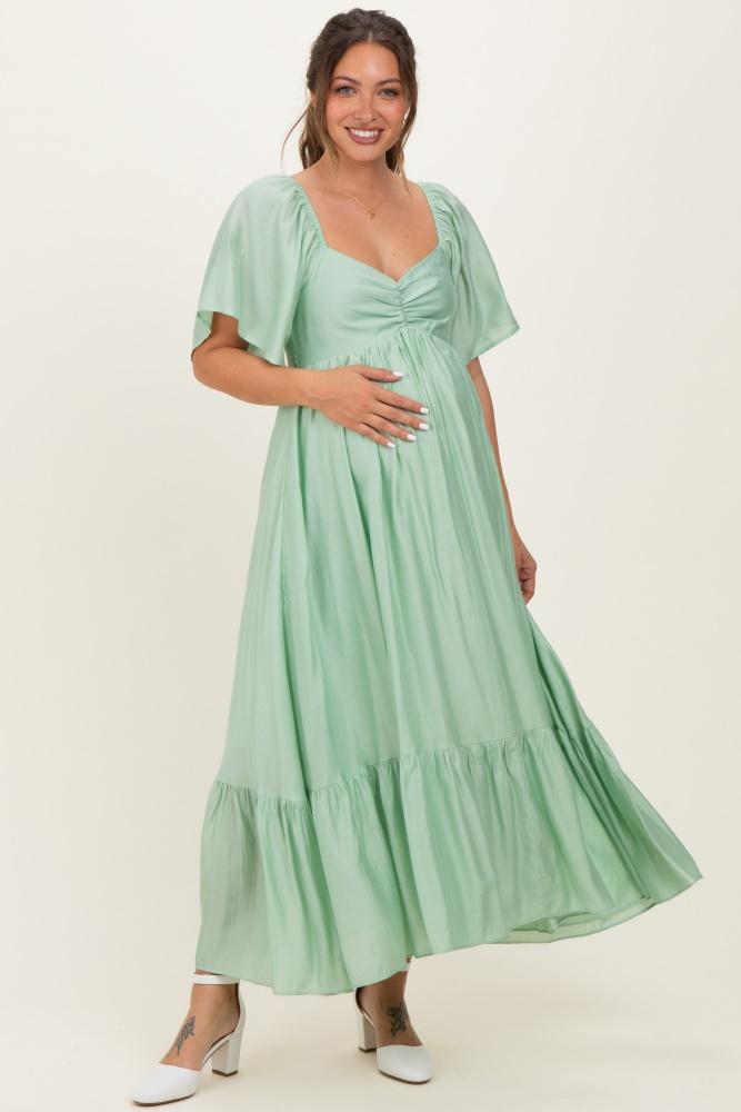 mint flutter sleeve ruffle hem maternity midi dress