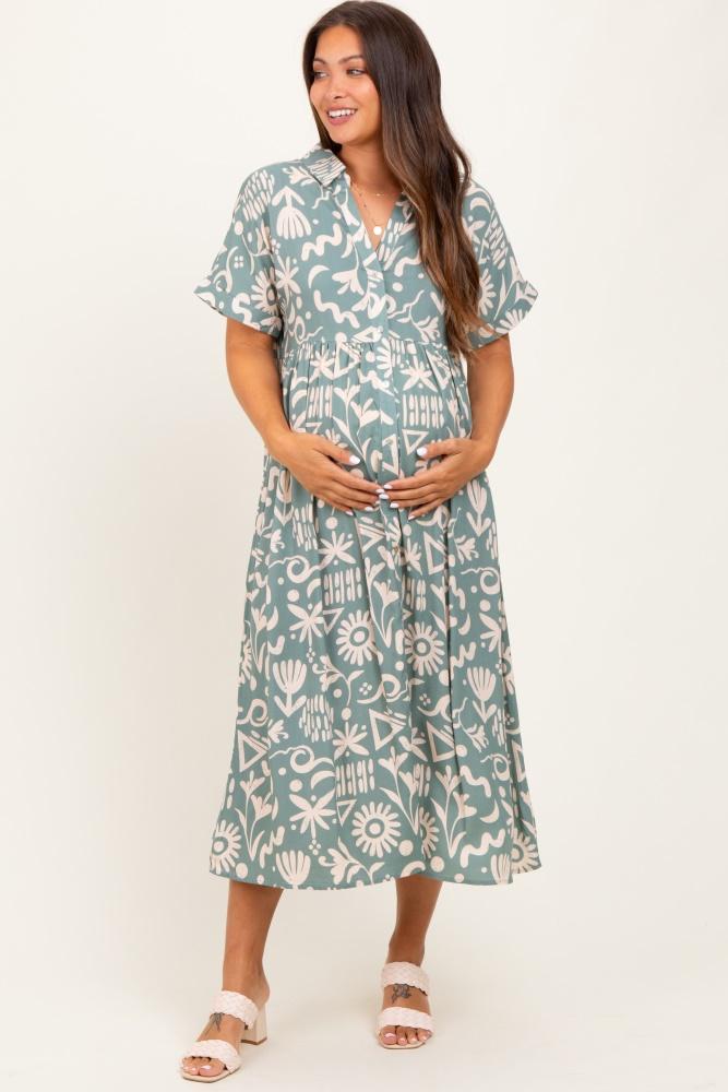 mint green abstract floral shirt maternity midi dress