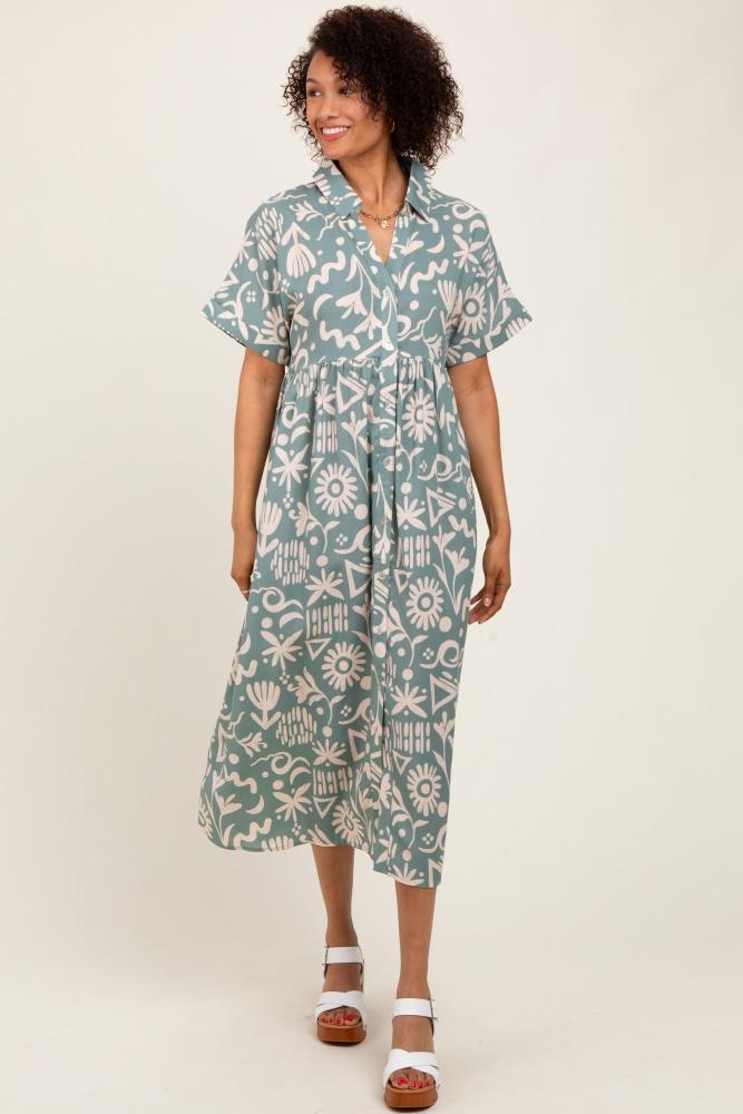 mint green abstract floral shirt midi dress