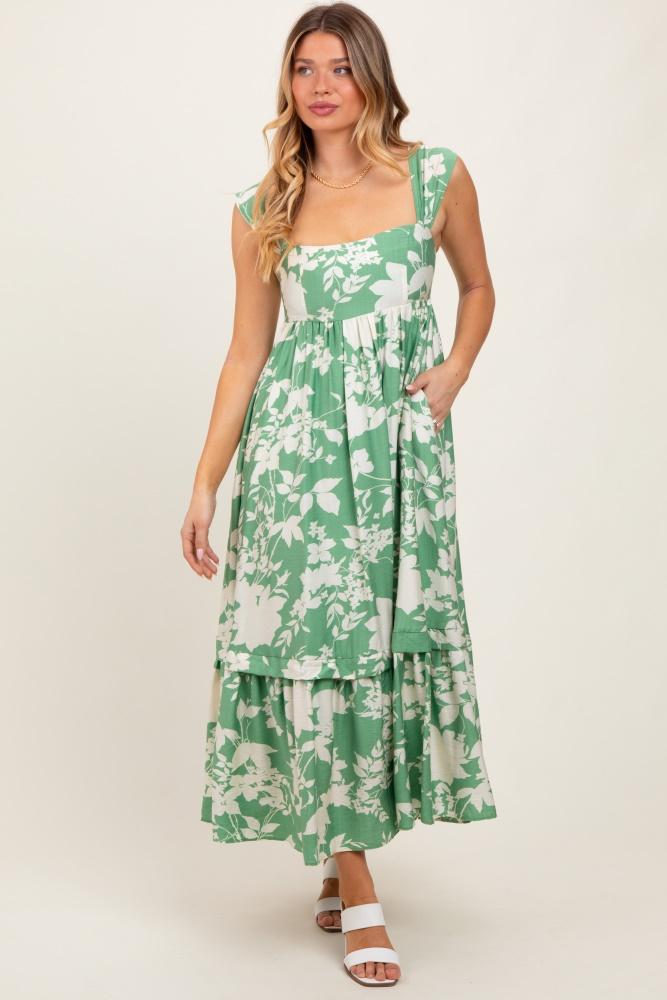 mint green floral square neck midi dress
